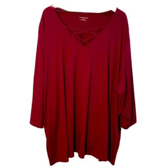 CATHERINES Stretchy Top Women’s 5X Maroon Cut Out Crossover 3/4 Sleeve. - Picture 1 of 11